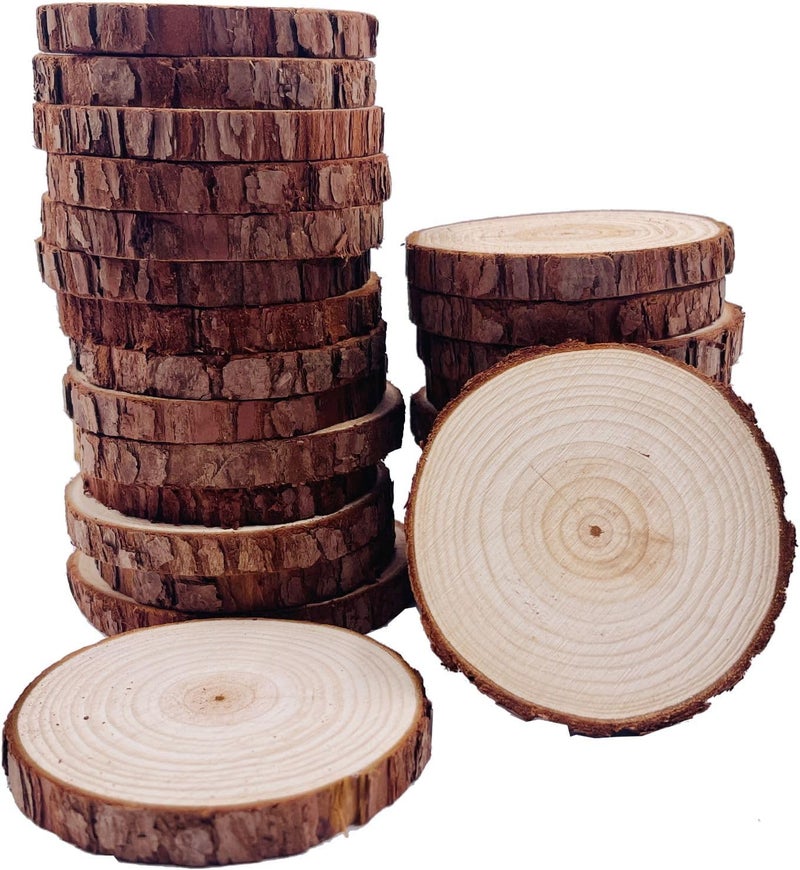William Craft Natural Wood Slices 25Pcs 3.1-3.5 Inches Unfinished Wood Craft Kit Undrilled Wooden Circles Without Hole Tree Slice with Bark for Arts Painting Christmas Ornaments DIY Crafts - Image 1